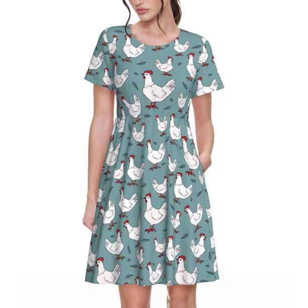 Balery Funny Chicken Vestidos sueltos de manga corta para mujer, vestidos de verano 2025, vestidos casuales de corte A con vuelo.