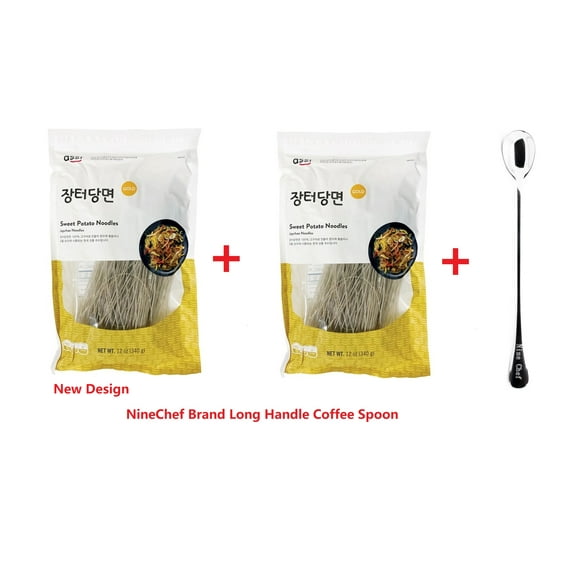 NineChef ASSI Bundle - Assi Glass Noodles Korean Vermicelli Dangmyun Sweet Potato Starch 12 Ounces (2 packs )   1 NineChef Long Handle Spoon