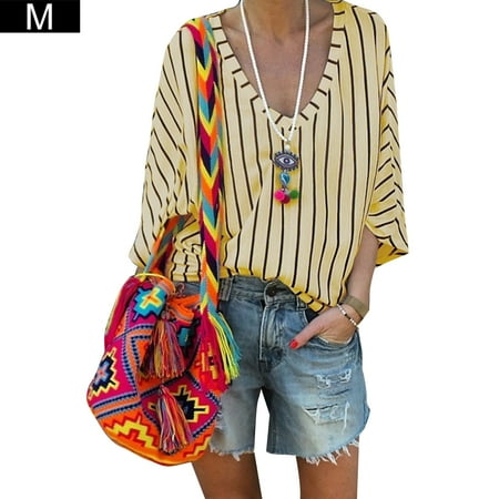 

BESTHUA Silk Striped V-neck T-shirt Top Blouse for Women