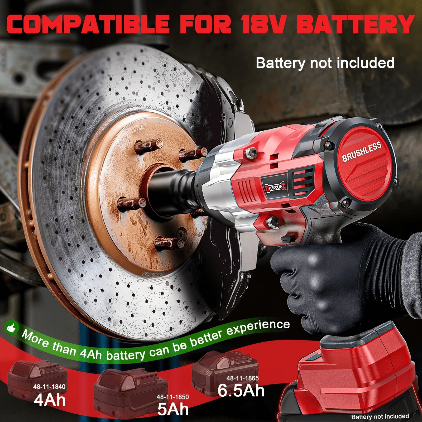 3/4" Heavy Cordless Impact Wrench Suitable for 18V Battery, 1850FT-LBS Torque & 3-Speed Motor with Auto-Stop Reverse, Compatible for Car Truck Home Mower Driver, Battery- Gift for Men (No Battery）