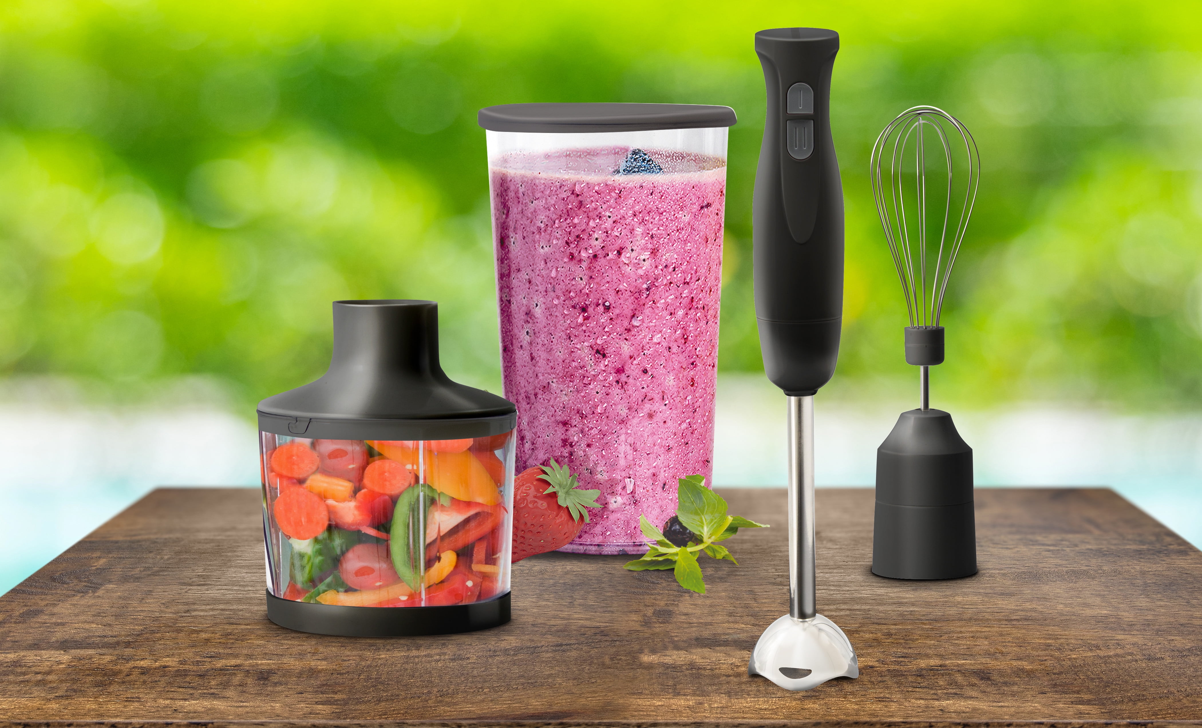 Eternal Kitchen Ideas Immersion Hand Blender with Whisk Attachment, Measuring Cup & Chopper | Heavy Duty, Black