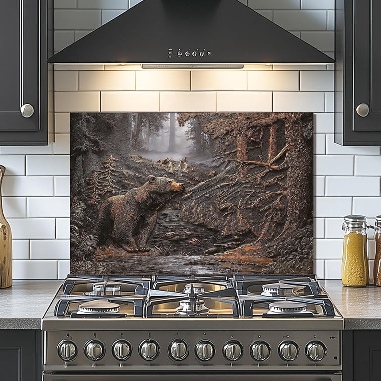 Evgosm Brown bear Tempered Glass Kitchen Backsplash, Easy-to-Clean ...
