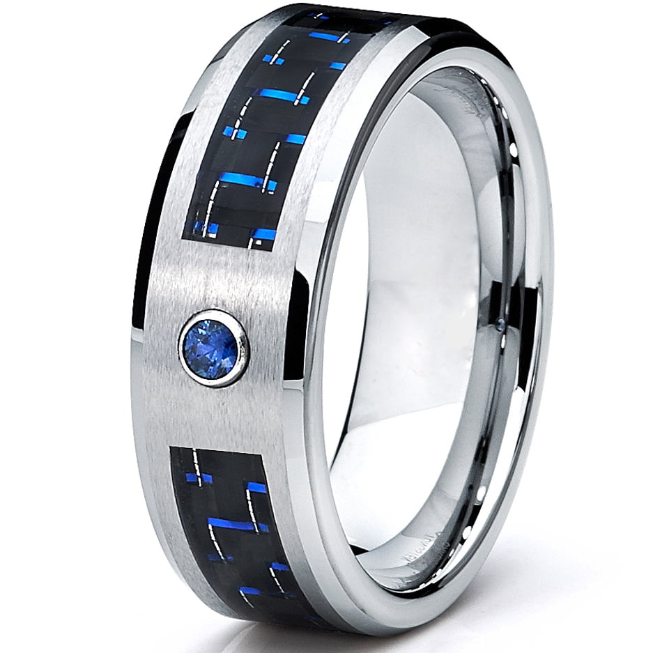 Men's 8MM Tungsten Carbide Ring BLUE SAPPHIRE .050 Carat & BLACK/ BLUE