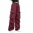 thumbnail image 2 of CYRBOKO Girls Cargo Pants with Pockets, Drawstring Casual Loose Fit Elastic Waist Wide Leg Pants Red Size 10-12 T, 2 of 5