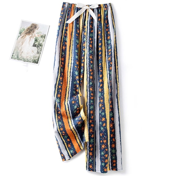 WHLBF Women's Pants Fashion Printing Regular Elastic Casual Wide Leg Summer Lightweight Cotton Full Length Trousers Multicolor Free Size