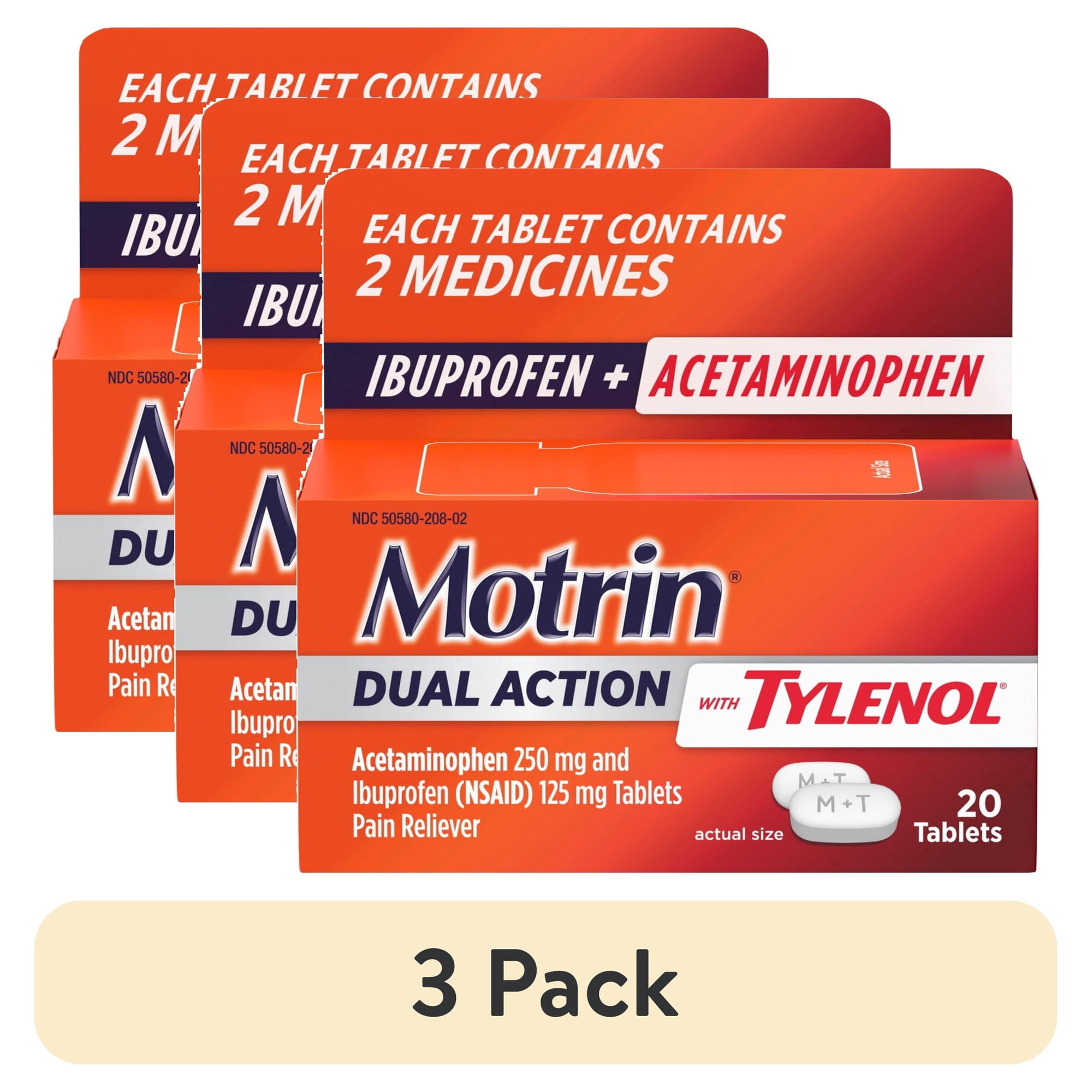 (3 pack) Motrin Dual Action with Tylenol, Ibuprofen & Acetaminophen, 20 Count