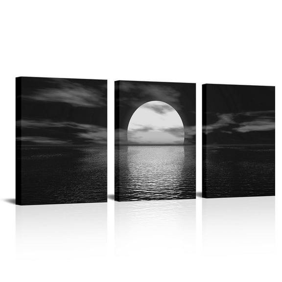 Black and White Framed Canvas Wall Art Full Moon on Sea Ocean Landscape Picture Prints Seascape Paintings for Home Living Room Bedroom Decoration Ready to Hang
