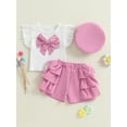 thumbnail image 3 of BemeyourBBs Toddler Baby Girl Summer Fall Spring Clothes Infant Baby Girls 2 Peice Outfit Shorts Set Cute Vintage Little Girls Short Sleeve Pearl 3D Bowknot T-Shirt Ruffle Shorts Beret Hat, 3 of 9