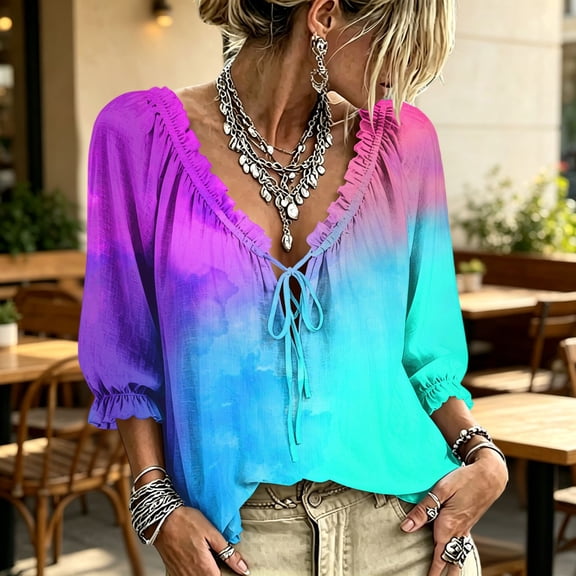 Womens 3/4 Length Sleeve Tunic Tops V Neck Lace Casual Loose Fit Blouses Boho Fashion Loose Fit Work Blouses