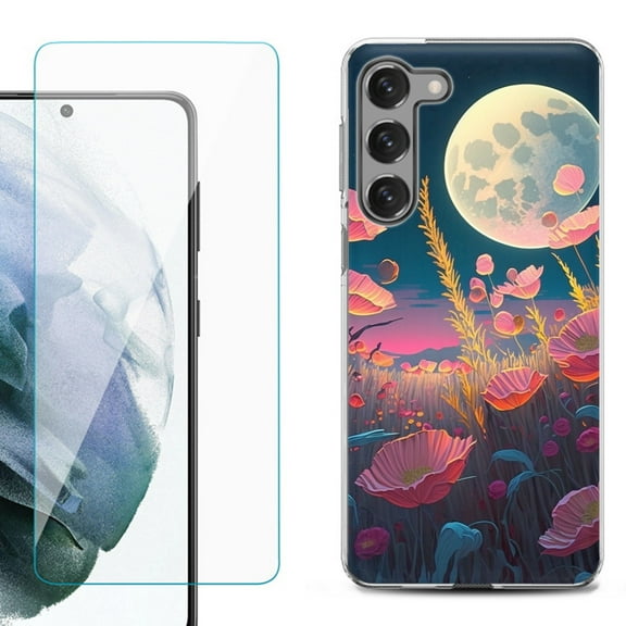 Shockproof Pone Case Cover for Samsung Galaxy S23  / S23 Plus 5G, with Tempered Glass Screen Protector, by OneToughShield ® - Moon Poppies