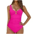 thumbnail image 2 of qolati Womens One Piece Swimsuit Metal Buckle V Neck Tummy Control Bathing Suit Ruched Slimmings High Cut Swim Suit Summer Hot Pink L, 2 of 5