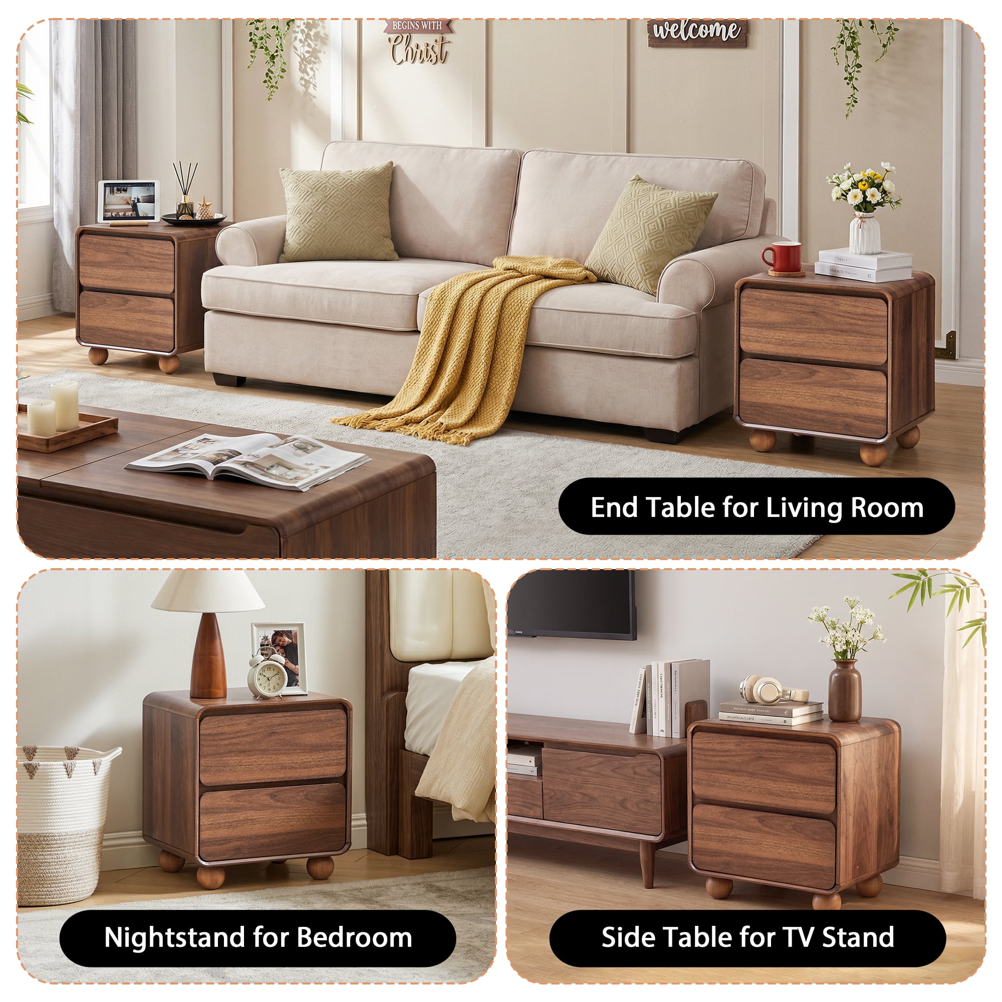 YOCWO Nightstand Set of 2 for Bedroom, Mid Century Bedside Table with Arc Edge and Round Leg, Wood Storage Chest of Drawer Organizer for Bedroom Living Room Hallway Closet, Walnut