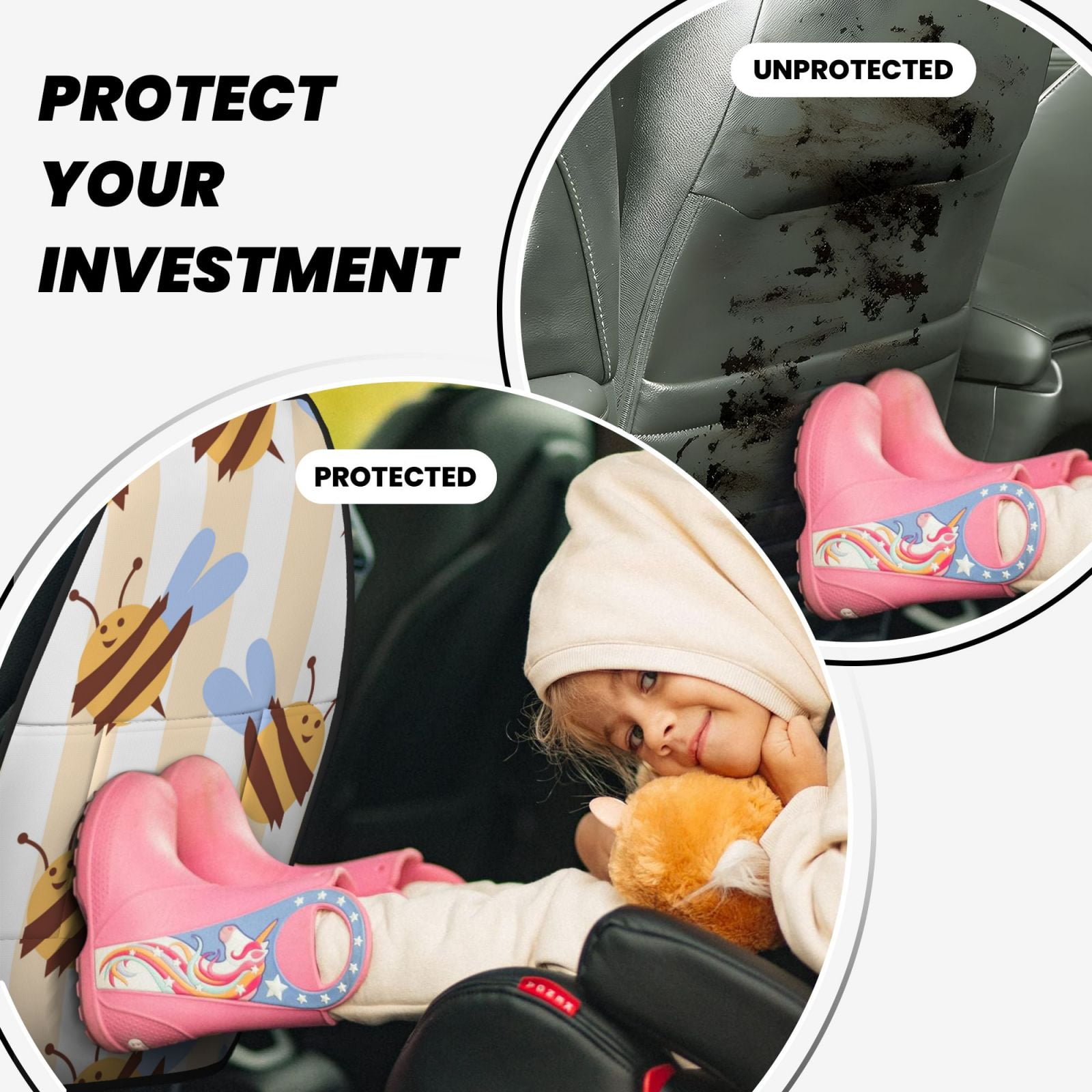 Xecao A Bee Pattern Car Seat Back Protector 2 Pack Large Capacity Pocket, Kick Mats Back Seat Protector