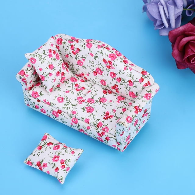 Accesorios para sofá Doble para Casa de Muñecas, Mini Muebles Con Patrón de Flores, Sofá Doble para Méreca A Escala 1:12, Para Niños