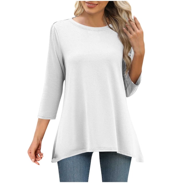 UNITWRY Hauts à Manches 3/4 pour Femmes Blouses Habillées Tunique Col Rond Chemise Décontractée Imprimée Chandail