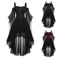 thumbnail image 2 of Women's Elegant Gothic Court Dress for Halloween Featuring Cold Shoulder Neckline, Flutter Sleeves, Irregular Hem, and Solid Color Lace Up Steampunk, 2 of 5