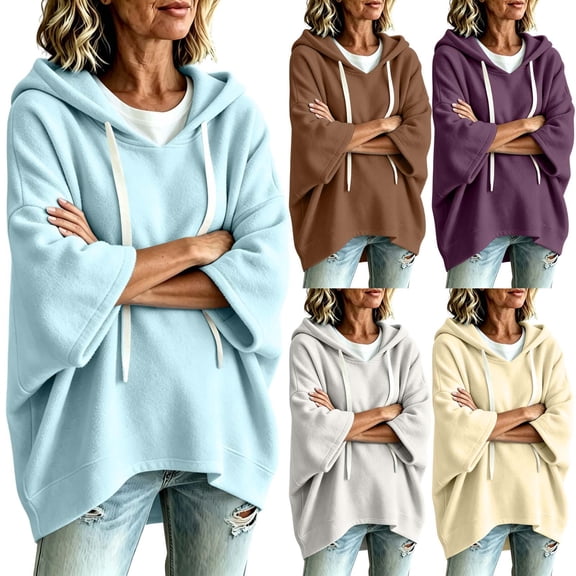 Womens Plus Size Sweatshirts Fall Winter Fashion Casual Oversized Pullover Hooded Drawstring Long Sleeve Tops (XL, Sky Blue)