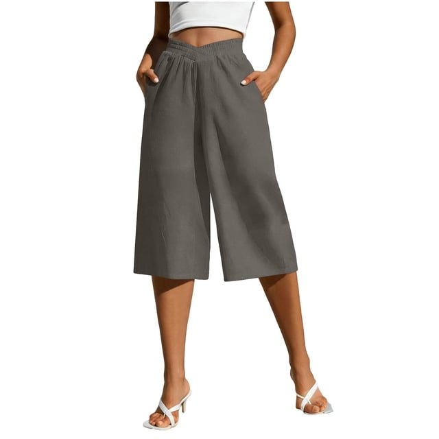 Pantalones de Pierna Recta de Lino para Mujeres Verano Suelto Color Sólido Cintura Elástica con Bolsillos Pantalones de Pierna Recta Casual