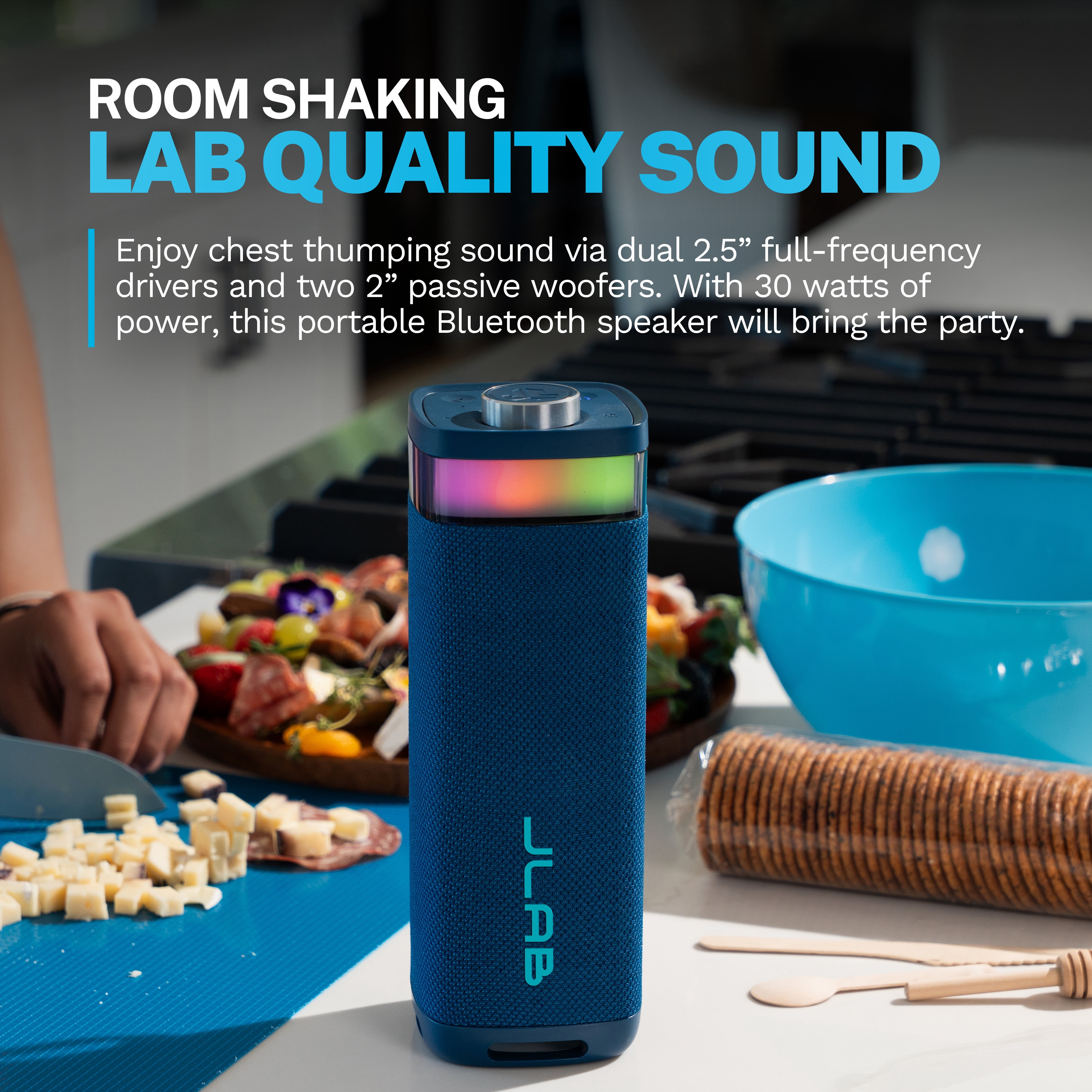 JLab JBuds Party Portable Bluetooth Speaker, 30W, 12 Hour Playtime, RGB Lighting, Splashproof, Navy