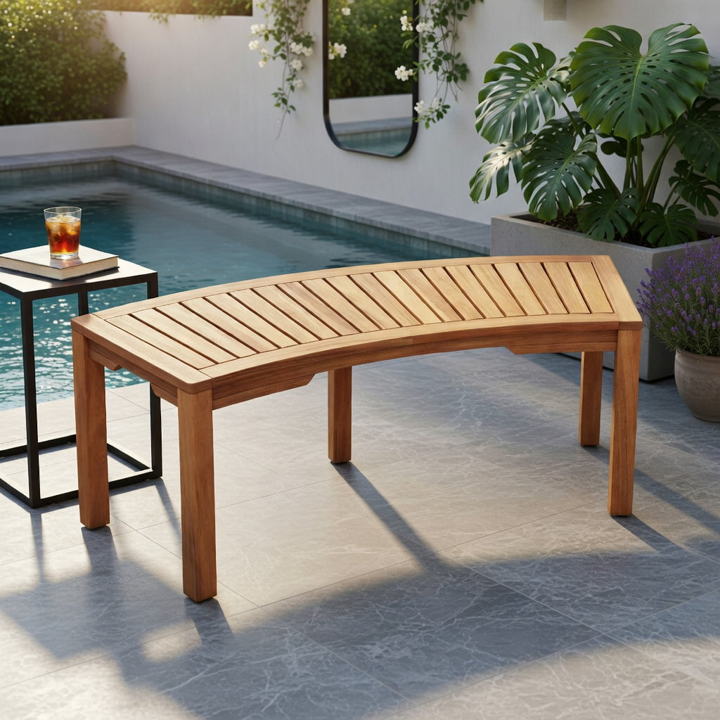 Hommoo Acacia Wood Outdoor Garden Bench, 2-Person Curved Backless Bench for Patio, Deck & Balcony, Natural Finish