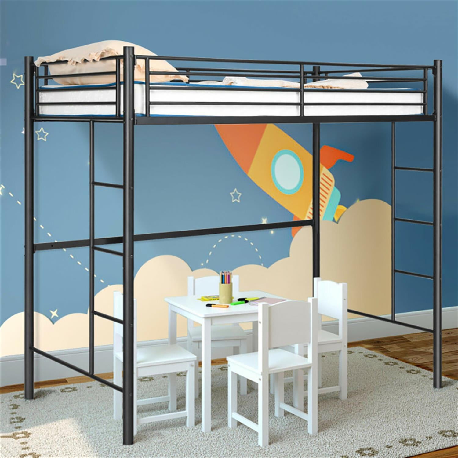 Demi Bonn Metal Twin Loft Bed Frame with 2 Ladders Full-length Guardrail for Teens, Black