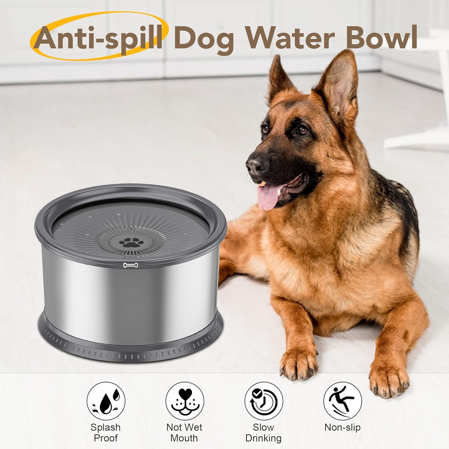 4.5L/1.2Gal Dog Water Bowl, No Spill Stainless Steel Slow Water Bowl for Medium Large Dogs, Large Capacity Splash Proof Slow Drinking Water Bowls with Anti-Slip Mat for Mess Drinkers, Beige