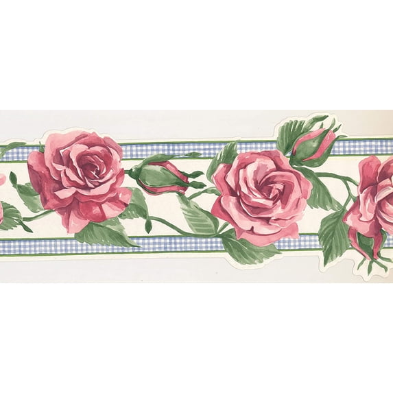 Concord Wallcoverings Wallpaper Border Floral Pattern Roses Leaves for Cottage Kitchen Dining Room, Pink Green Beige Blue, 15 Feet by 8.25 Inches IG75173B
