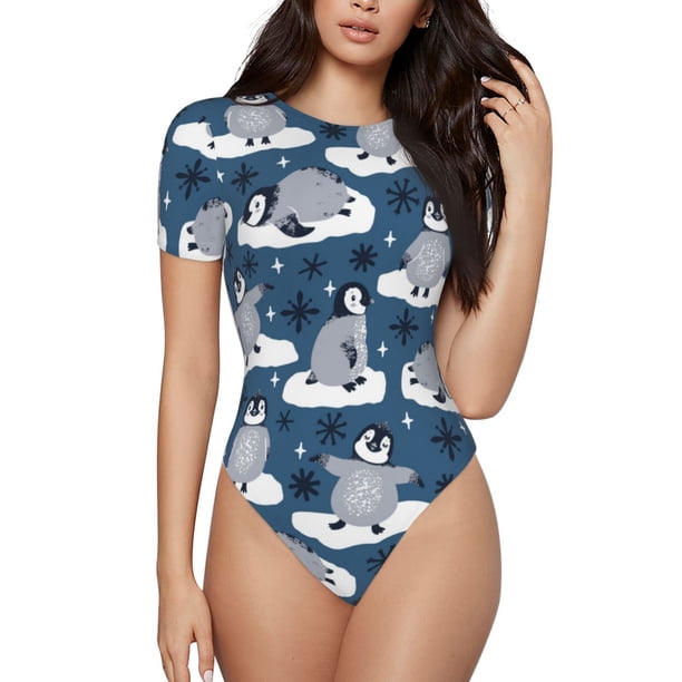 Fotbe Snow Penguin Body de Mujer con Cuello Redondo y Mangas Cortas, Sin Mangas Ajustado, Suave, Cómodo y Básico-Small