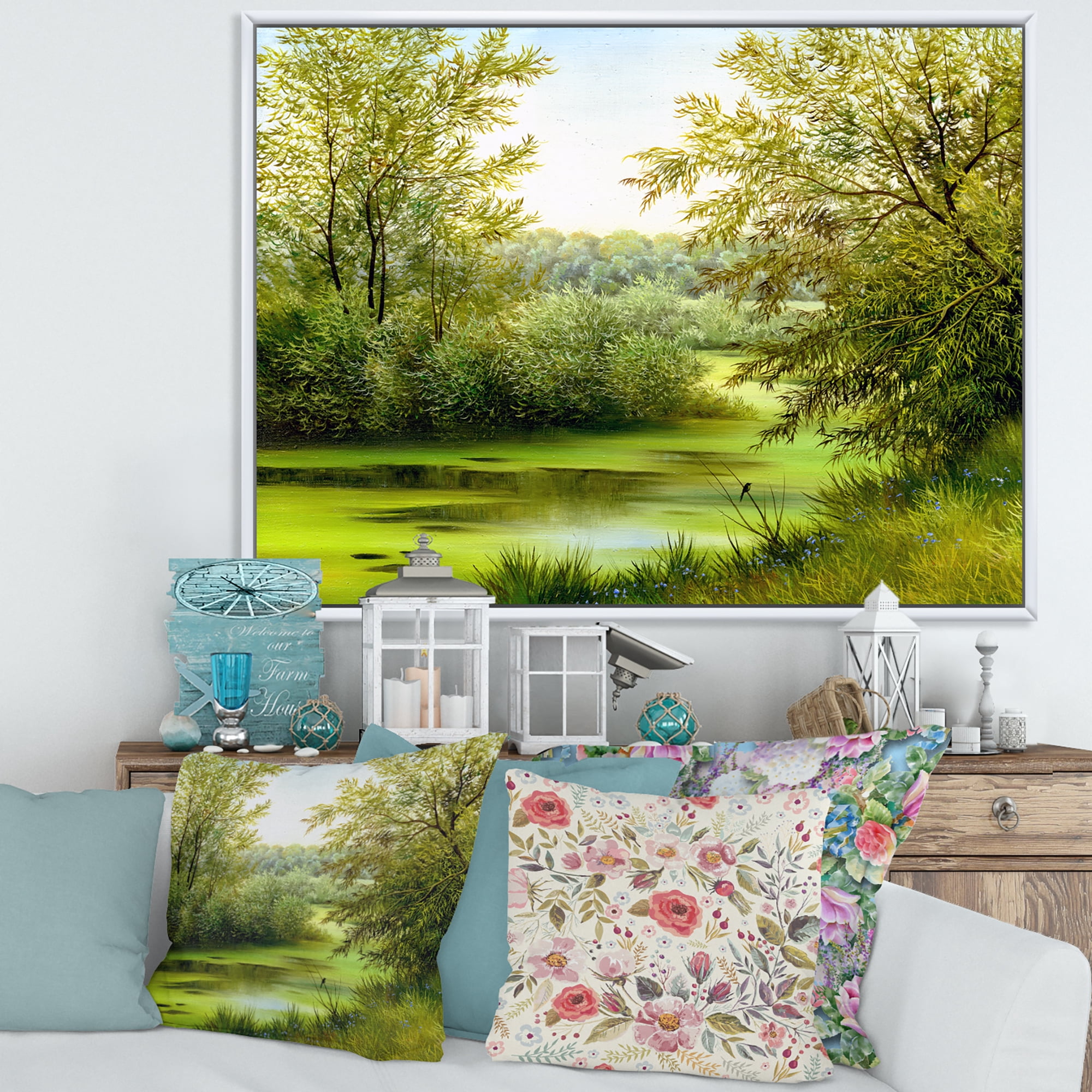 Designart 'Spring Trees With Green Pond' Country Framed Canvas Wall Art Print