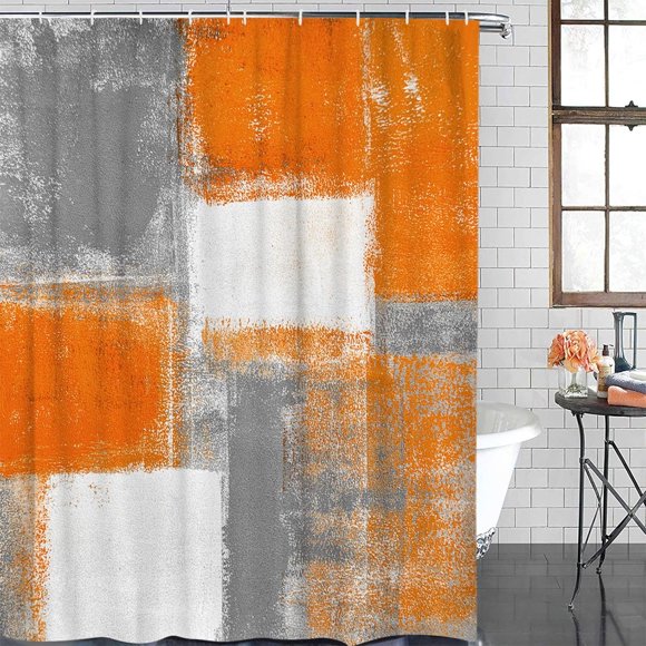 Burnt Orange Grey Geometric Shower Curtain - 36x72 Inch Lightweight Modern Artwork Waterproof Fabric Includes 12 Hooks Elegant Bath Decor