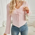 thumbnail image 4 of UTSJKR Womens Knit Pit Striped Crop Tops Flare Long Sleeve Tops 2024 Fashion Cute Solid Sweetheart Neck Asymmetrical Blouses Slim Fit Twist Front Drawstring Y2k Clothing Pink M, 4 of 8