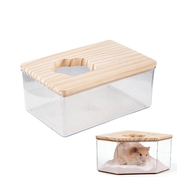 Crazyview Clear Acrylic Hamster Sand Bath Container with Wooden Lid, Corner Sand Bath Box for Hamsters, Chinchillas, Mice, Small Pets