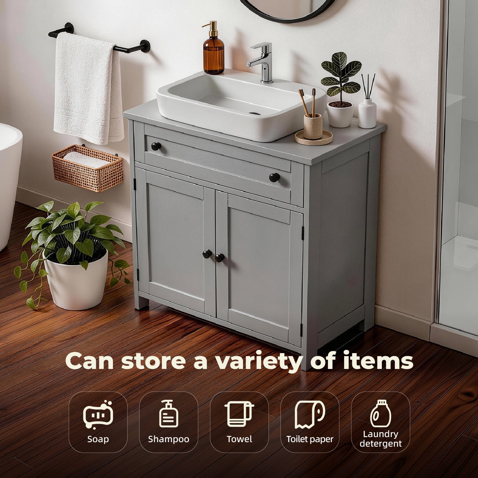 1-Drawer 2-Door Bathroom Vanity Bathroom Cabinet Washbasin Not Included, Grey 23.62*11.81*23.62in