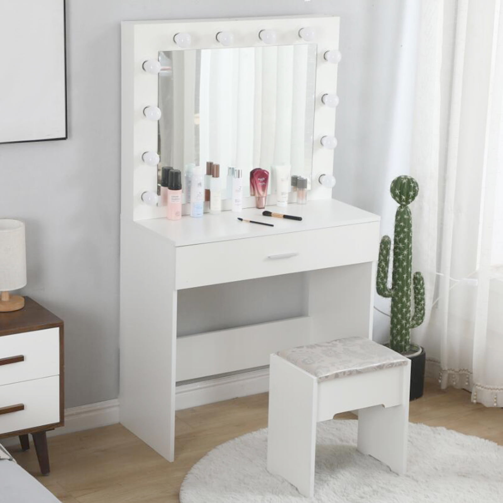 Vanity Set w/LED Lighted Mirror Cushioned Stool Dressing Table Makeup Table 