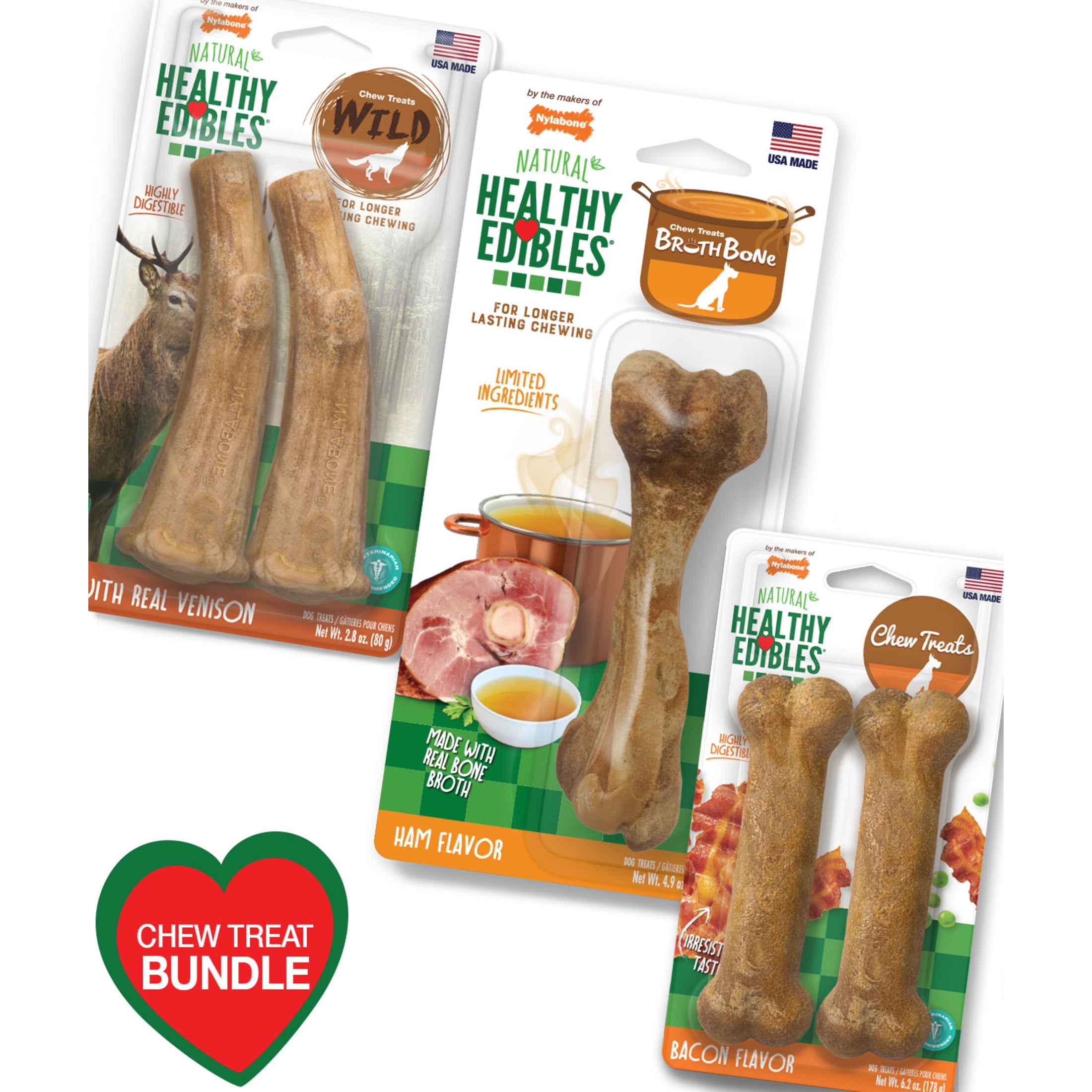 Nylabone Healthy Edibles Natural Dog Treats, Long Lasting Dog Bones, Ham, Bacon, & Venison Flavor Dog Treats, For Medium Dogs (5 Count)