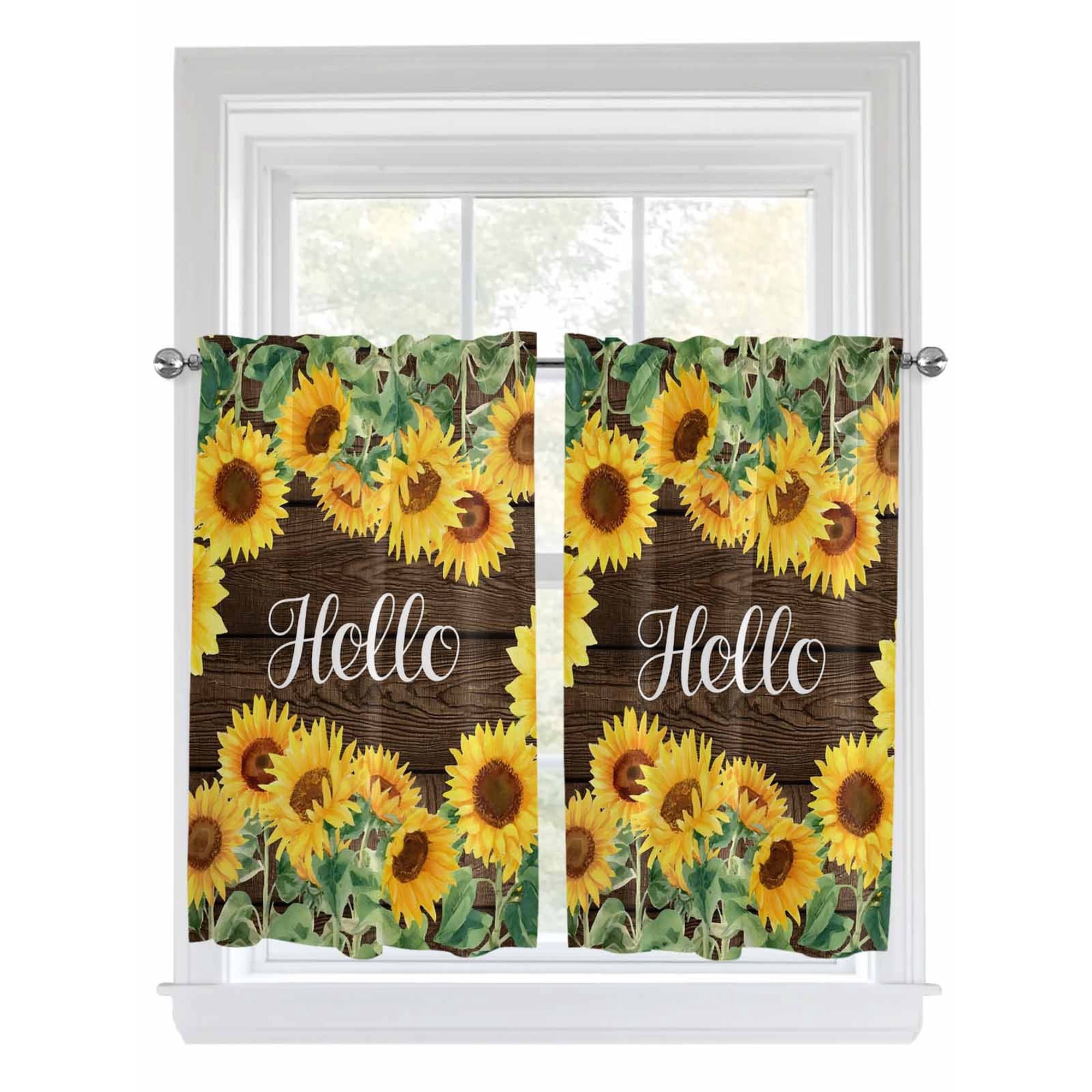 Sunflowers Bathroom Window Curtain Yellow Summer Botanical Elegant Flowers Wooden Light Filtering Coffee Kitchen Curtains Bedroom Living Room Curtains 2 Panel 84 x45