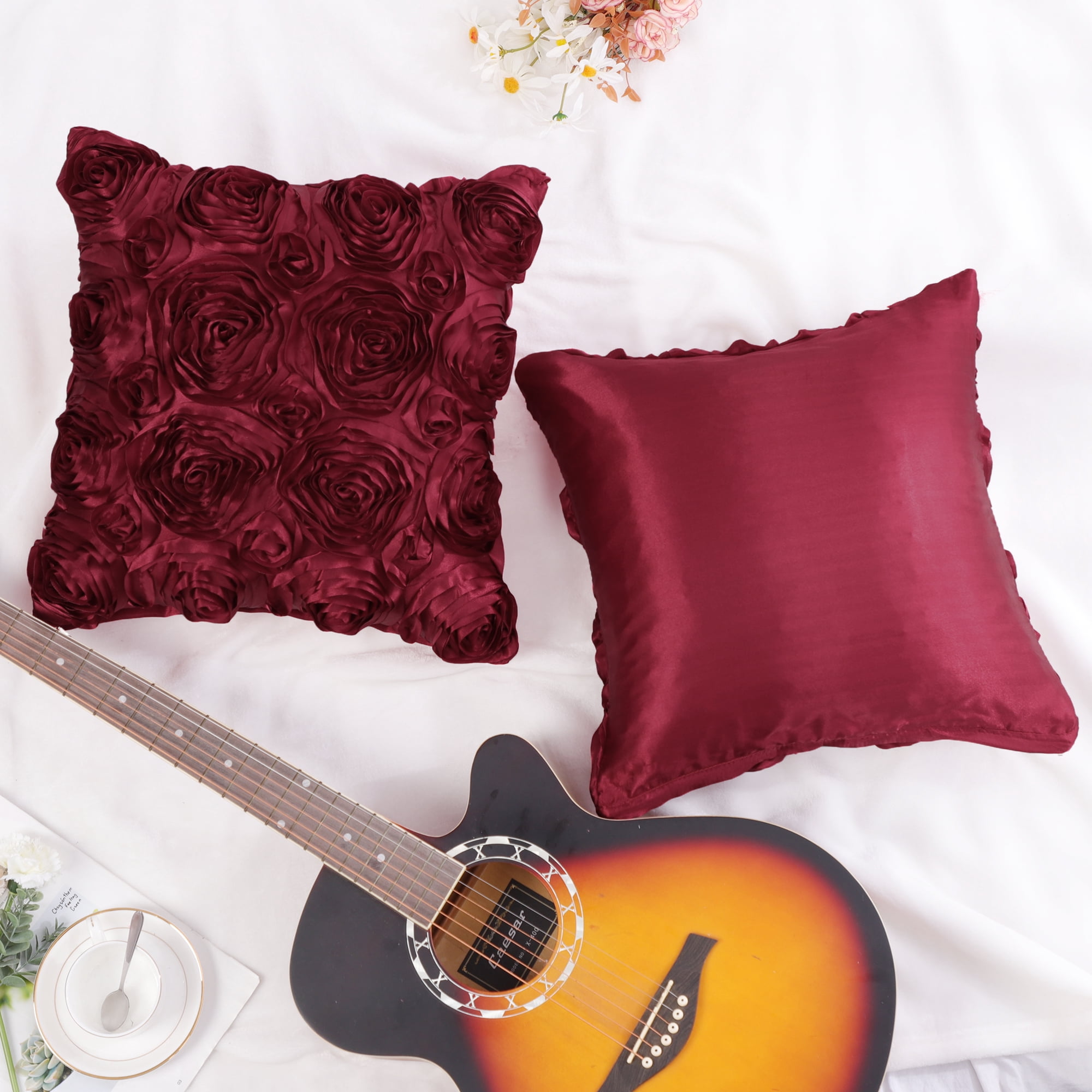 PiccoCasa Decorative Throw Pillow Covers 3D Satin Rose Flower Shells Cushion Covers, 2Pcs, 16"x16" Red Burgundy