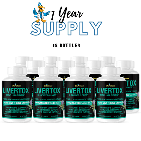Livertox- Liver Detoxifier/Digestive Enzymes/Metabolism- 12 Bottles- 720 Capsules- Dr. Pelican