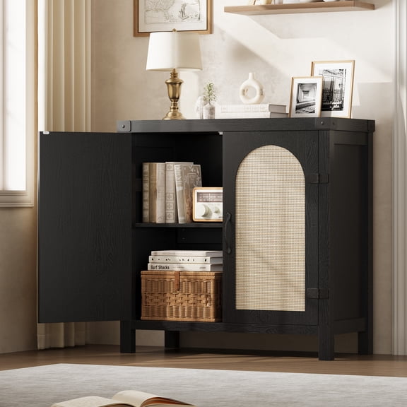 Rattan Sideboard Buffet Cabinet with Storage - Farmhouse & Boho Style Coffee Bar Cabinet for Dining Room, Living Room & Hallway, Black