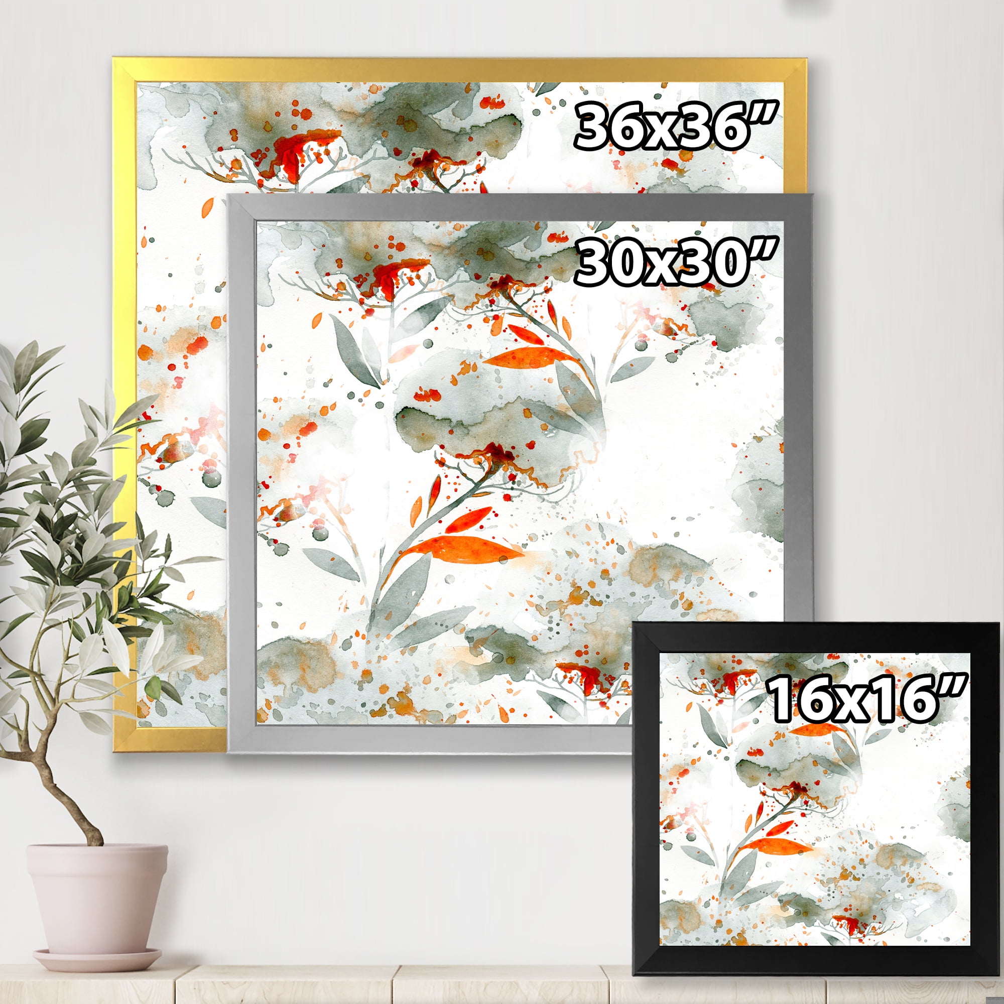 Designart 'Orange and Green Wildflowers I' Modern Framed Art Print