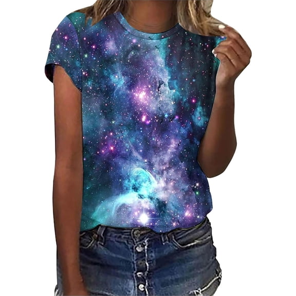 VNKIDY Women's T-Shirt Oversized Galaxy Print Tees Crewneck Short Sleeve Stretch Loose Fit Top For Casual Street Daily Outdoor Wear Cozy Top
