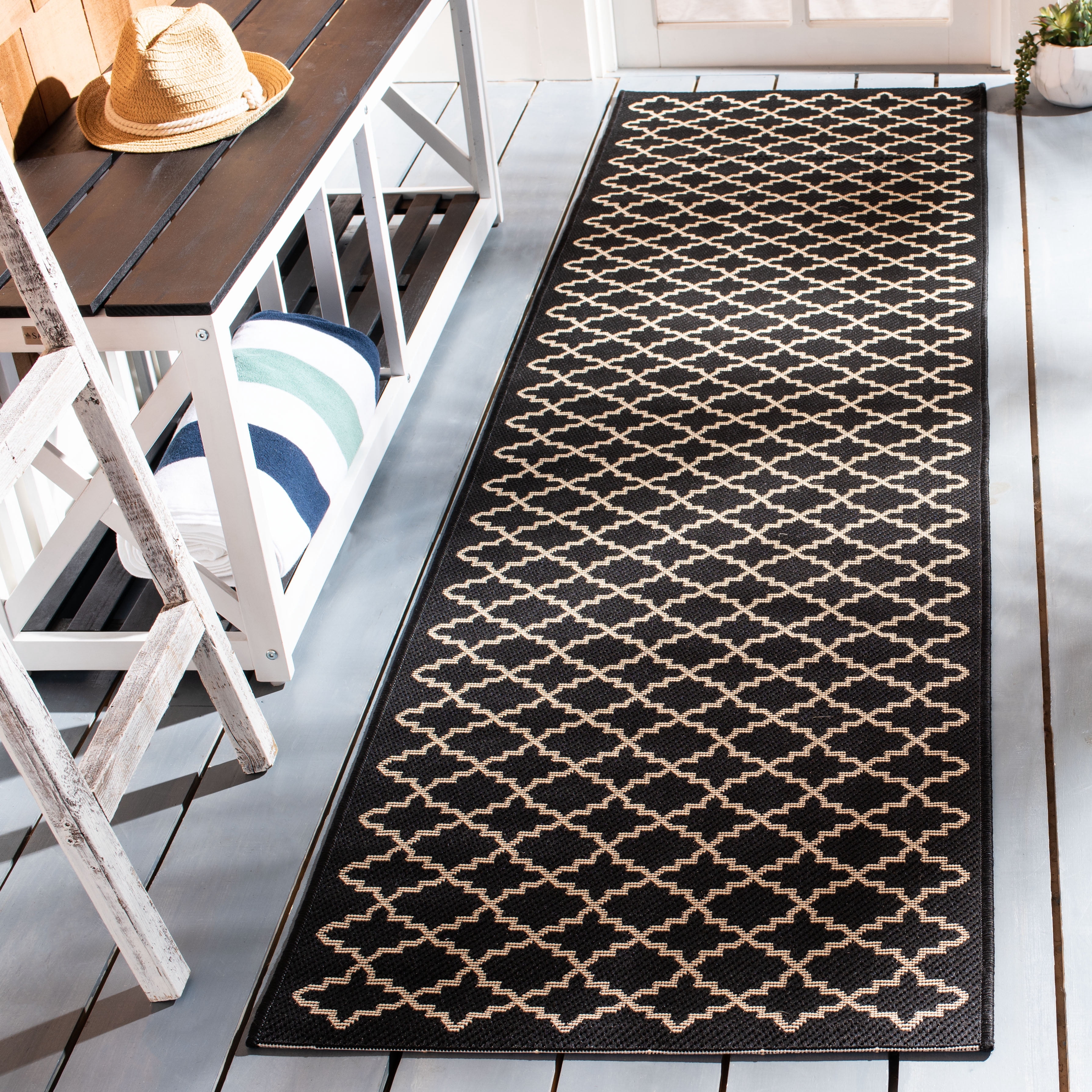 Safavieh Courtyard Hilbert Geometric Indoor/Outdoor Runner Rug, Black/Beige, 2'3" x 10'