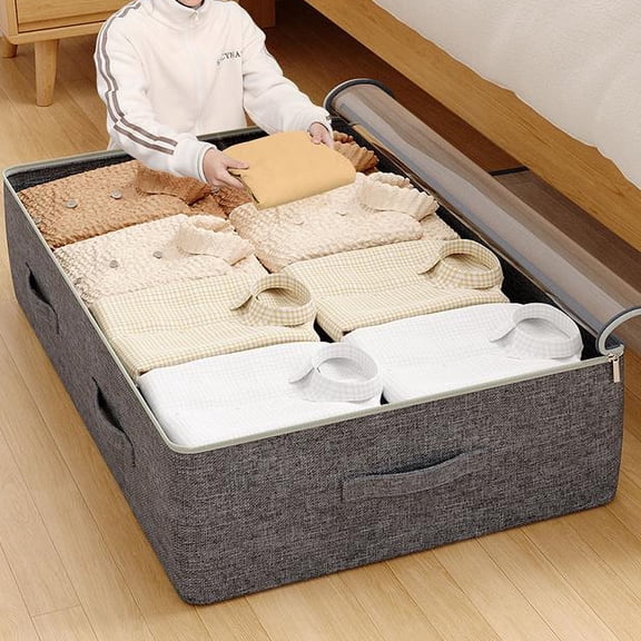 Underbed Storage Bag Large Foldable Organizer 18.5"x10.63"x7.87" | Cationic Fabric, Steel Frame, Stackable Clothes Quilt Storage, Reinforced Bottom, Easy Clean, Gray Home Storage Solution