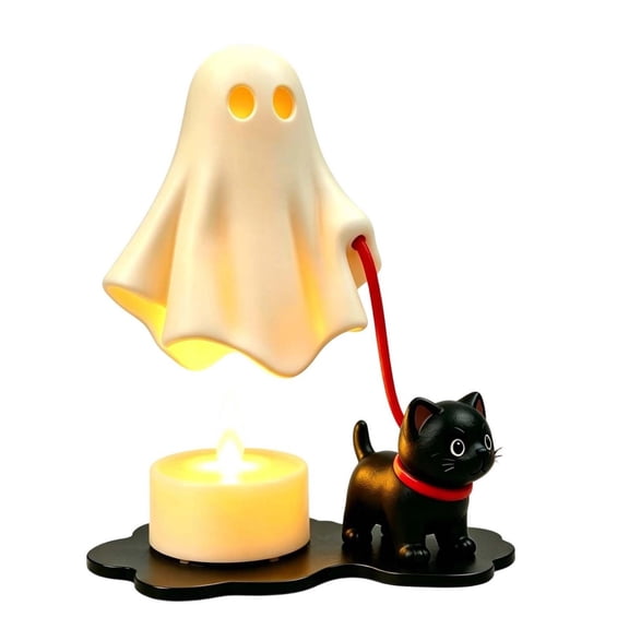 Halloween Desk Decor,Ghost Decor,Halloween Mini Ghost Walking Cat Decor – Cute 3D Printed Spooky Ghost Figure with Cat, LED Light-Up Halloween Decoration for Tiered Tray(White 4in)