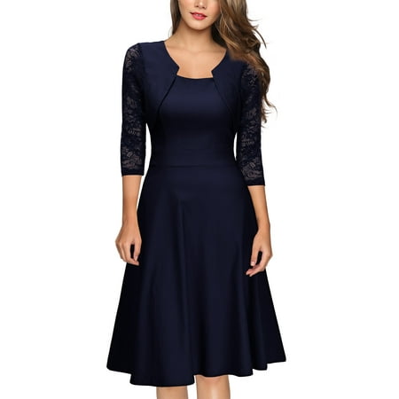 Vintage Cocktail Equipment MIUSOL Women's Vintage Square Neck Floral Lace 2/3 Sleeve Cocktail Swing Dresses for Women (Navy Blue L) ()