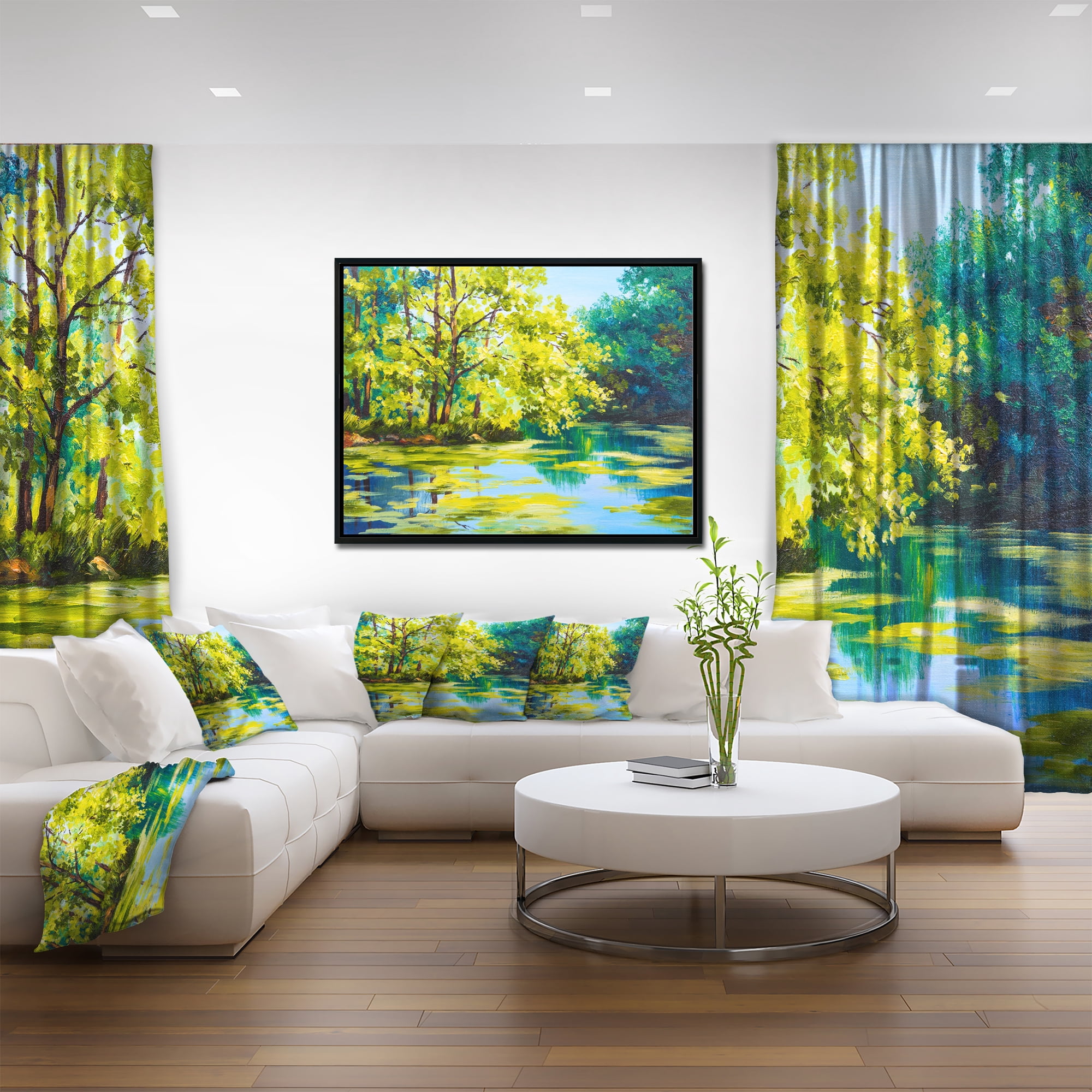 Designart ' Blue Lake Under Green Tree ' Landscape Painting Framed Canvas Print
