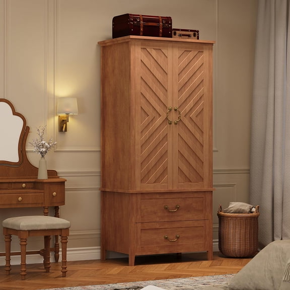 Danolapsi Wardrobe Armoire Closet, V Shape Wooden Farmhouse Armoire Closet Cabinet with 2 Doors & 2 Drawers, 71.06" Tall Freestanding Large Storage Cabinet with Hanging Rod, Sturdy Frame