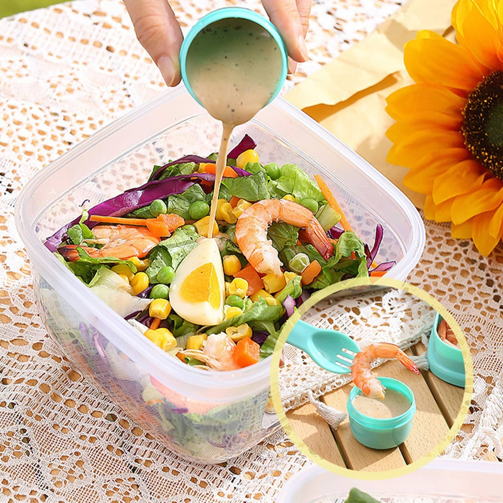 Salad Lunch Container for Adult, Lunch Box with Multiple Compartments, Salad Bowl, Bento Style Tray, for Work Outdoor Indoor Camping 6.2X6.2X5.6in