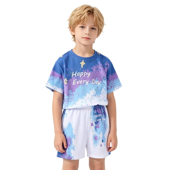 Bysome Boys Outfit Set Letter Print Short Sleeve Crew Neck Tops With Shorts Outfit Quick Dry Boys Set Size 3-4 Years Blue