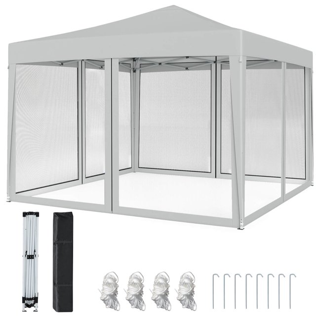 Costway 10 FT x 10 FT Pop-Up Canopy Tent with Mesh Netting, Carry Bag, 8 Stakes & 4 Ropes Beige